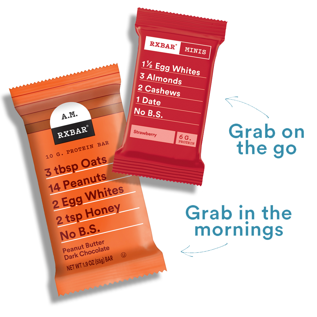 Two new RXBAR products with 'Grab in the mornings' heading pointing to the AM Peanut Butter Dark Chocolate Bar, and 'Grab on the go' heading pointing to the Strawberry Mini bar. 