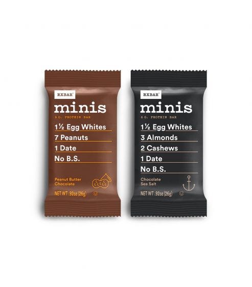 RXBAR Chocolate Sea Salt Mini and Peanut Butter Chocolate Mini packages